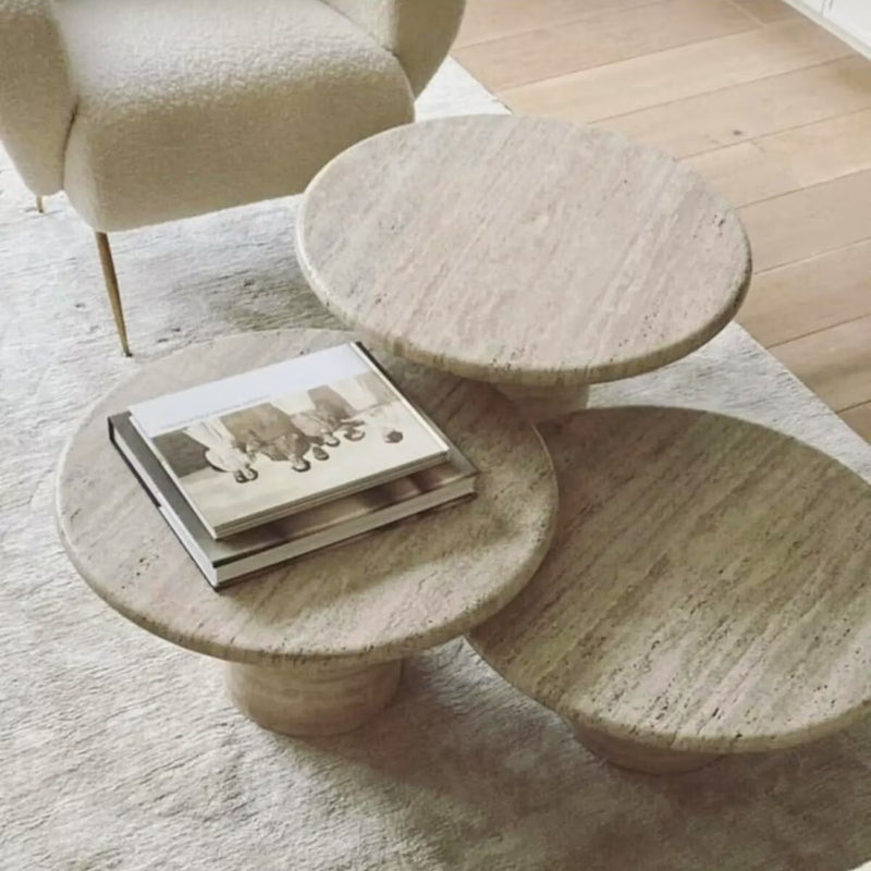 Valencia travertine round coffee table set vein cut filled polished room-scene