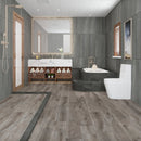 SPC Vinyl Rigid Core 7" Width 60" RL, 6mm Thick, 1.5mm IXPE Venetian Iron, Peninsula - Mazzia Collection bath view