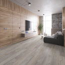 SPC Vinyl Rigid Core 7" Width 60" RL, 7mm Thick, 1.5mm IXPE Axiom Frost, Victorum Floors - Mazzia Collection living room view