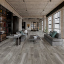 SPC Vinyl Rigid Core 7" Width 60" RL, 7mm Thick, 1.5mm IXPE Idyllic Smoke, Victorum Floors - Mazzia Collection living room view