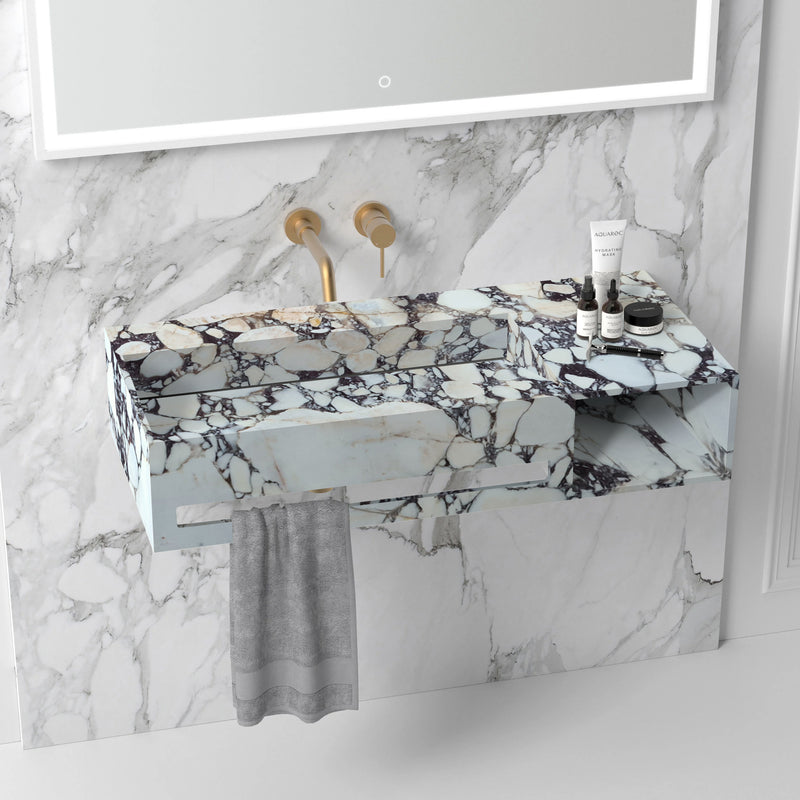 Calacatta Viola Marble Wall-mount Bathroom Sink Hidden Drain with Towel Holder and Shelf (W)18" (L)60" (H)8" installed bathroom gray hand-towel gold wall-mount faucet