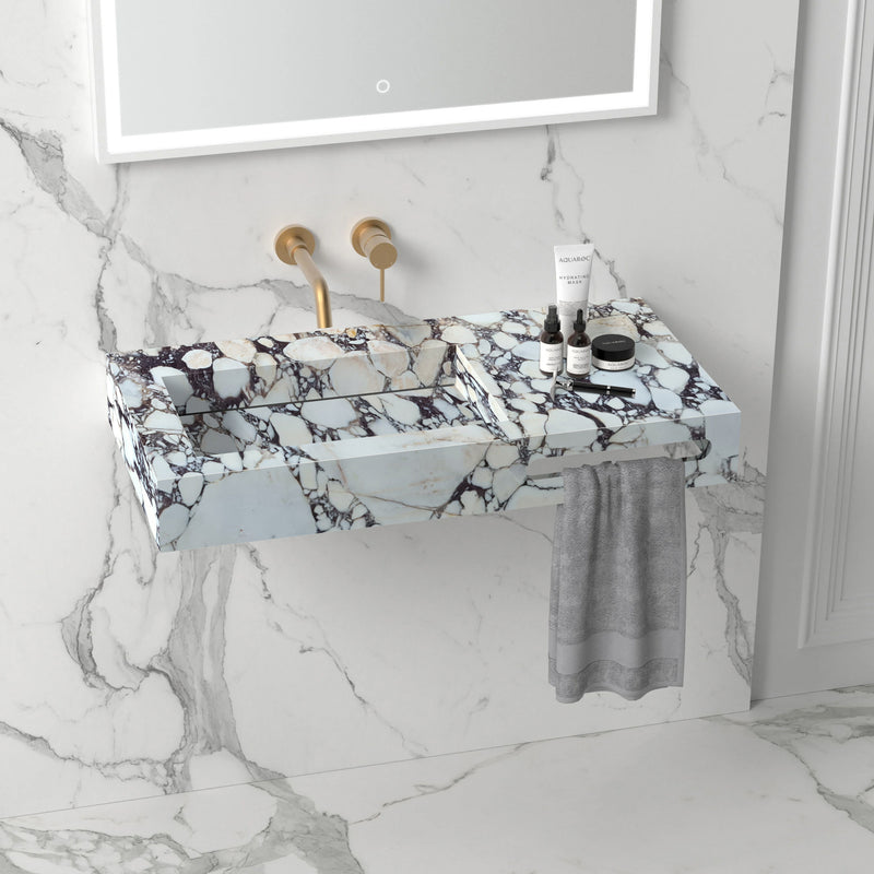 Viola Marble Designer Vanity Wall mount Rectangular Sink  W18 L60 H8 built-in towel holder installed bathroom porcelain tile on walls and floors