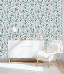 Botanical Flowers on Blue Background Wallpaper