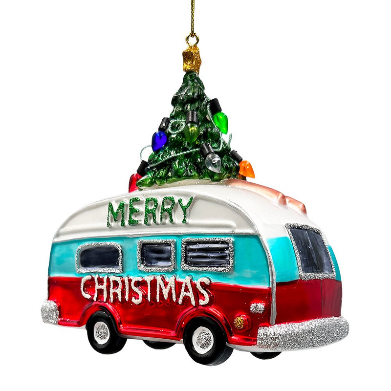 (Pre-Order) Camping RV Glass Christmas Ornament, Camper Trailer Motorhome Traveler Gift