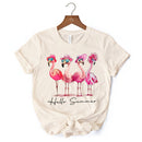 Flamingo Hello Summer T-Shirt, White and Natural Retro Tee with Tropical Birds
