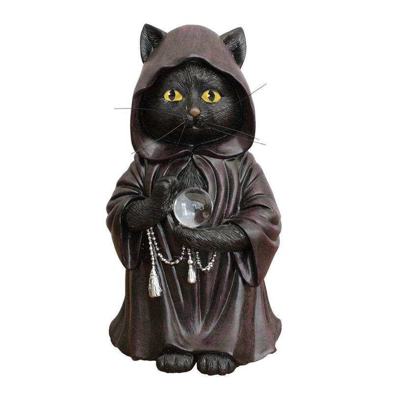 Ominous Black Cat Wizard Figurine, 7" Solar Light Gothic Yard Statue Decor