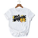 Teach Checkered Coquette Bow T-Shirt, White and Natural Retro Tee for Trendy Teachers