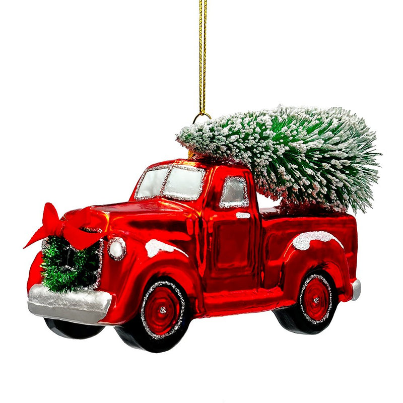 Traditional Red Truck with Ornamental Tree Glass Christmas Ornament