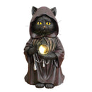 Ominous Black Cat Wizard Figurine, 7" Solar Light Gothic Yard Statue Decor