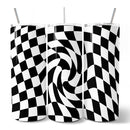 Black and White Checkerboard Swirl 20oz Personalized Tumbler With Lid and Stainless Steel Straw, Retro Optical Illusion Gift Cup