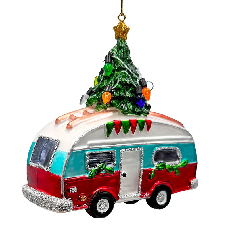 (Pre-Order) Camping RV Glass Christmas Ornament, Camper Trailer Motorhome Traveler Gift