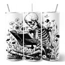 Gothic Reading Skeleton 20oz Personalized Tumbler With Lid and Stainless Steel Straw, Floral Spooky Bookworms Gift Cup