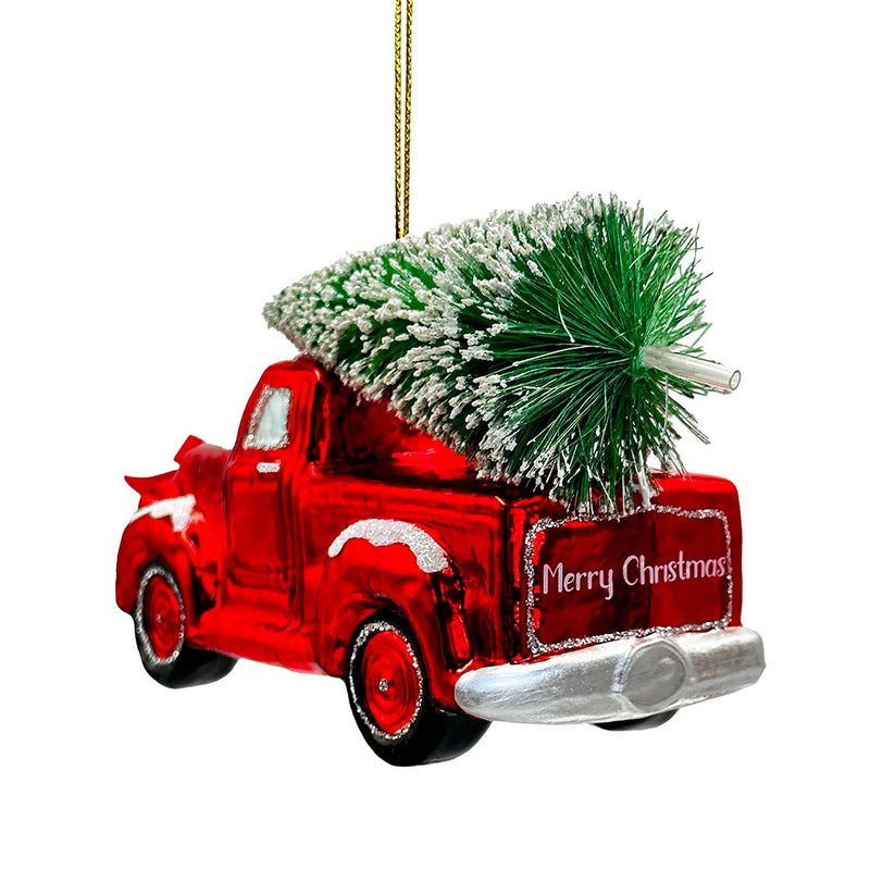 Traditional Red Truck with Ornamental Tree Glass Christmas Ornament