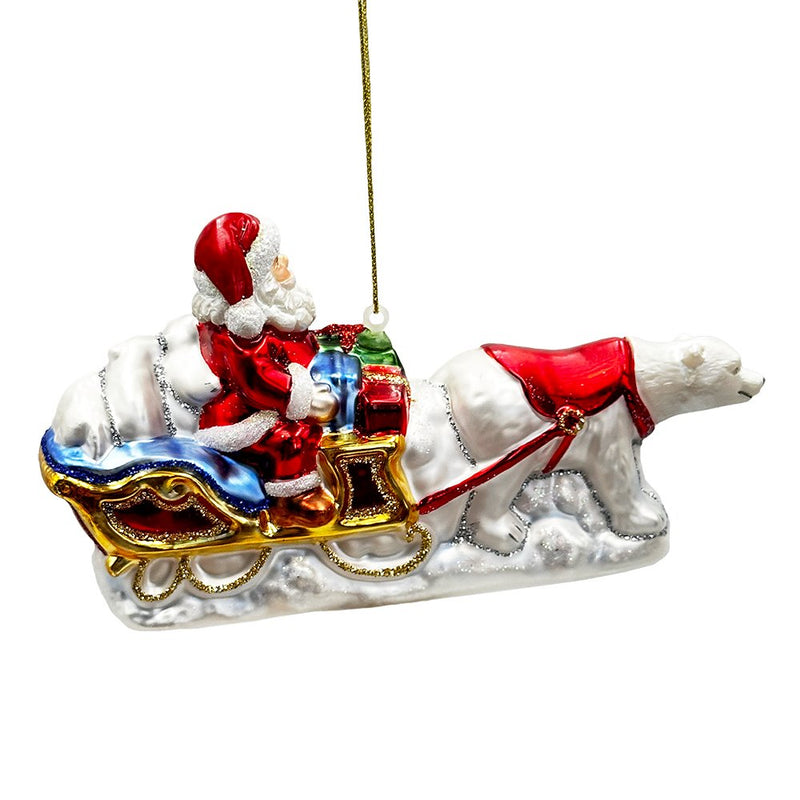 (Pre-Order) Polar Bear Santa Sleigh Glass Christmas Ornament, Exquisite Handblown Tree Decor