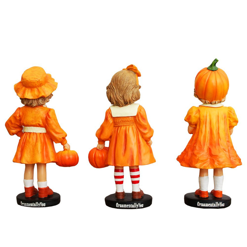 Inviting Pumpkin Girl Trio Set of Figurines, 6" Victorian Autumn Fall and Halloween Table Decoration