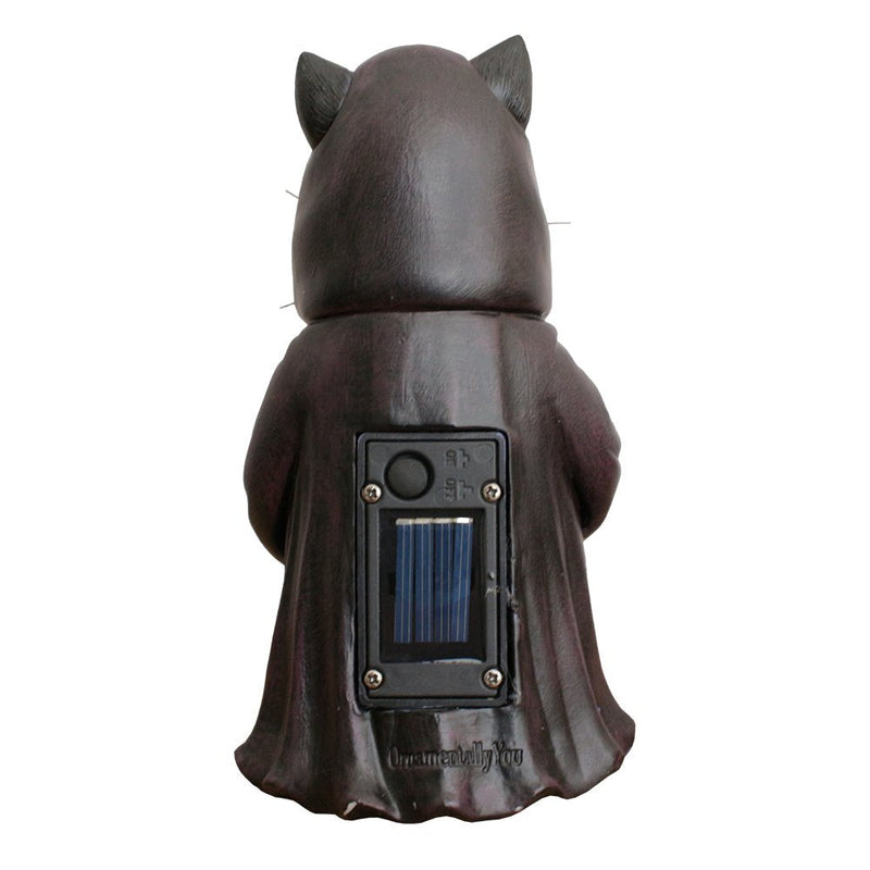 Ominous Black Cat Wizard Figurine, 7" Solar Light Gothic Yard Statue Decor