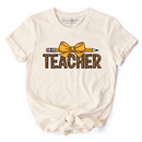 Teacher Leopard Pencil T-Shirt, Coquette Bow Retro Classroom Tee for Educators