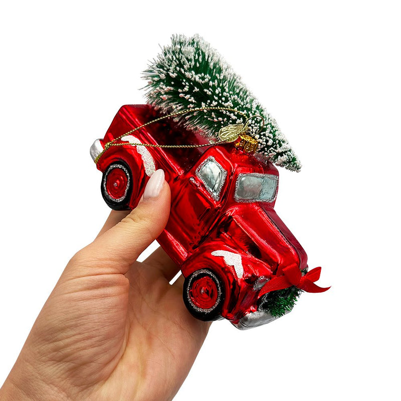 Traditional Red Truck with Ornamental Tree Glass Christmas Ornament