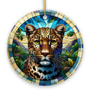 African Leopard Expedition Stained Glass Style Ceramic Ornament, Safari Animals Christmas Gift and Decor