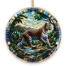 African Leopard Expedition Stained Glass Style Ceramic Ornament, Safari Animals Christmas Gift and Decor