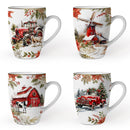 Fancy Farmhouse Holiday Set of 4 Ceramic Mugs with Real Gold Trim, Rustic Christmas Kitchen Coffee Cup Decoration