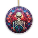 Ghastly Grins Haunted Halloween Skeleton Stained Glass Style Ceramic Ornament, Halloween Themed Christmas Gift