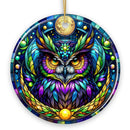 Nocturnal Enchanter Mysterious Owl Stained Glass Style Ceramic Ornament, Halloween Themed Christmas Gift and Decor
