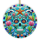 Oceanic Oasis Sugar Skull Stained Glass Style Ornament, Marine Wonder Christmas Gift and Decor