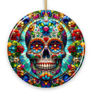 Sugar Skull Stained Glass Themed Ceramic Ornament, Day of the Dead Mexican Christmas Gift