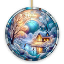 Magical Winter Lake Cabin Ceramic Christmas Ornament, Stained Glass Theme Tree Decor