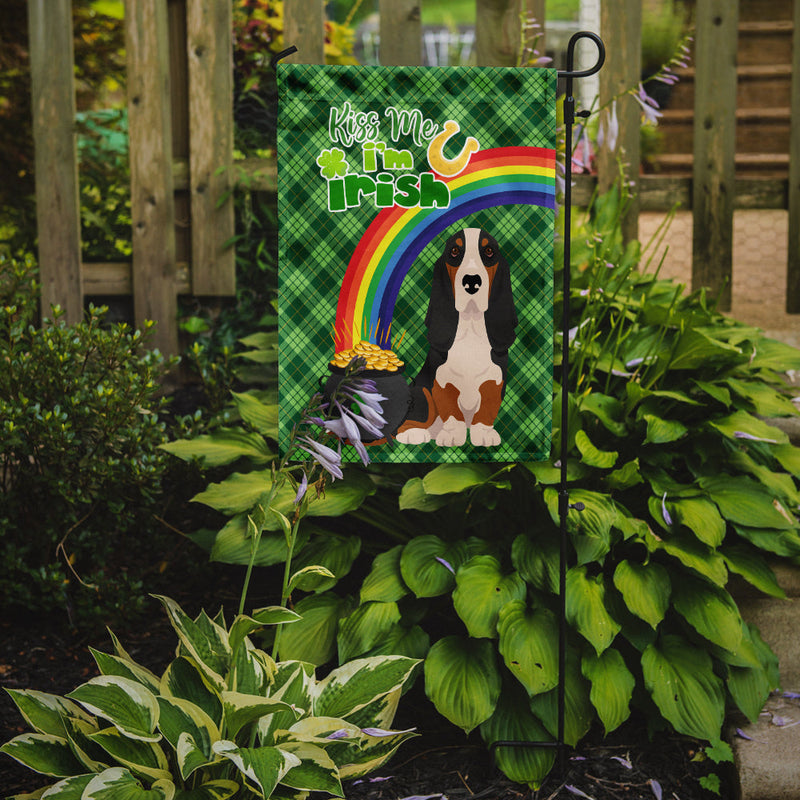 Black Tricolor Basset Hound St. Patrick's Day Flag Garden Size