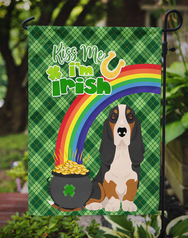 Black Tricolor Basset Hound St. Patrick's Day Flag Garden Size