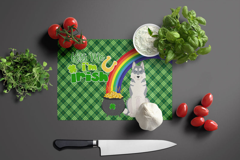 Grey Siberian Husky St. Patrick's Day Glass Cutting Board Large