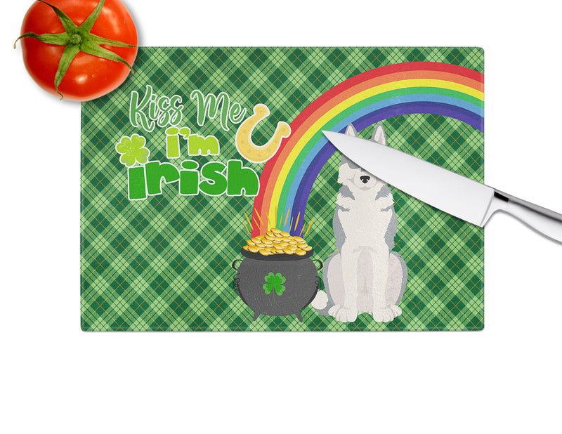 Grey Siberian Husky St. Patrick's Day Glass Cutting Board Large