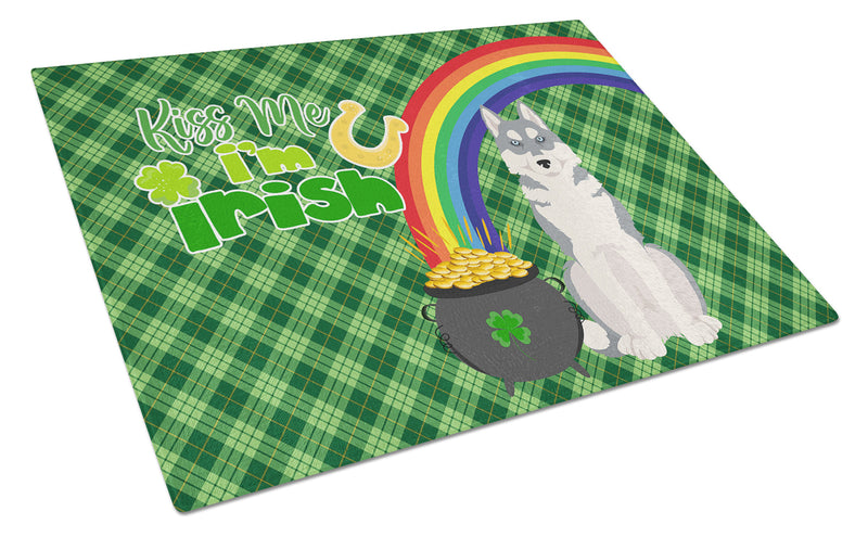 Grey Siberian Husky St. Patrick's Day Glass Cutting Board Large