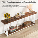 Industrial 70-inch Brown Wood Top Sofa Table with Heavy Duty White Metal Frame
