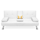 White Faux Leather Convertible Sofa Futon with 2 Cup Holders