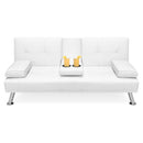White Faux Leather Convertible Sofa Futon with 2 Cup Holders