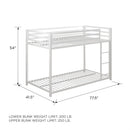 Twin over Twin size Modern Low Height White Metal Bunk Bed
