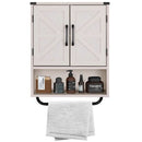 White Farmhouse Bathroom Wall Cabinet with Storage Shelf and Towel Bar