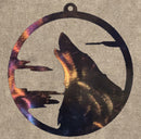 Wolf Howling with Clouds in Circle Metal Art (