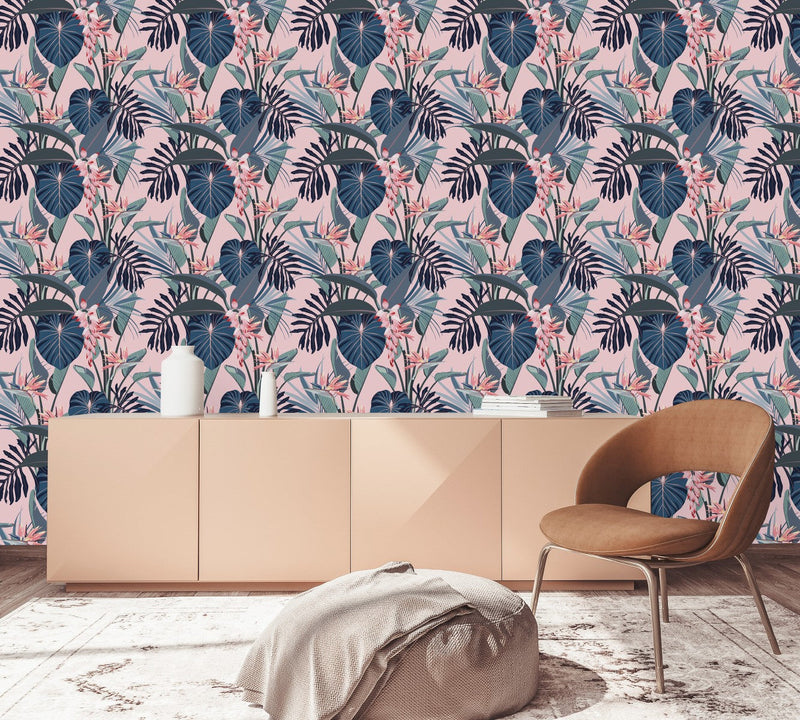 Modish Pink Wallpaper with Exotic Leaves Vogue