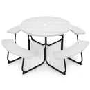 White Outdoor Metal and HDPE Picnic Table Bench Set with Umbrella Hole - Seats 8