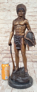 Native American Indian Warrior Bronze Metal Statue Sculpture on Marble Base CM Russell
