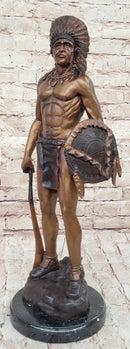 Native American Indian Warrior Bronze Metal Statue Sculpture on Marble Base CM Russell