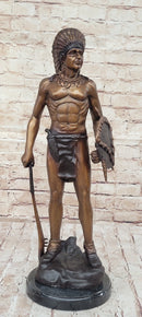Native American Indian Warrior Bronze Metal Statue Sculpture on Marble Base CM Russell