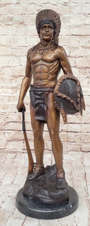 Native American Indian Warrior Bronze Metal Statue Sculpture on Marble Base CM Russell