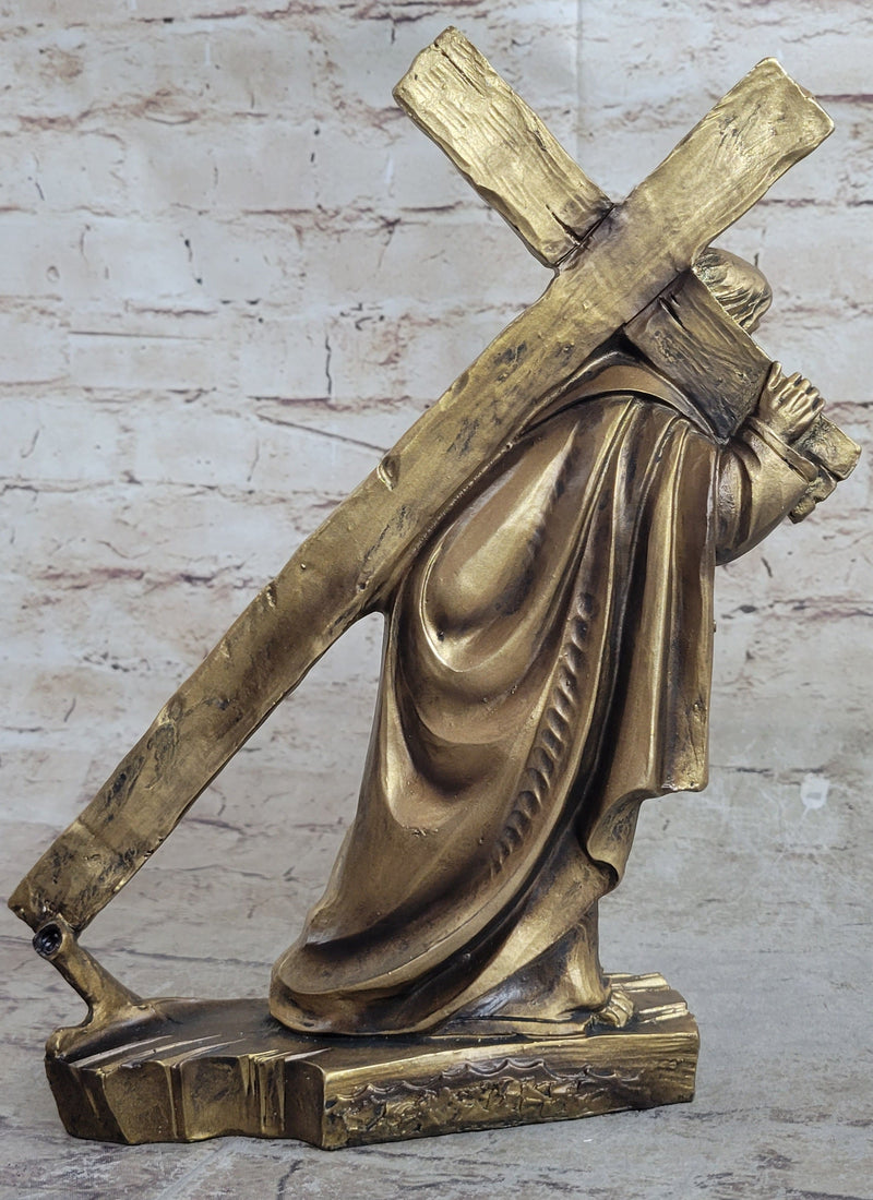 Jesus Christ Carrying Bearing Cross Crucifix Passion Cold Cast Bronzed Resin Sculpture Figurine Statue