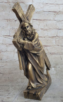 Jesus Christ Carrying Cross Crucifix Passion Cold Cast Bronzed Resin Sculpture Figurine