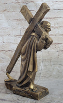 Jesus Christ Carrying Cross Crucifix Passion Cold Cast Bronzed Resin Sculpture Figurine